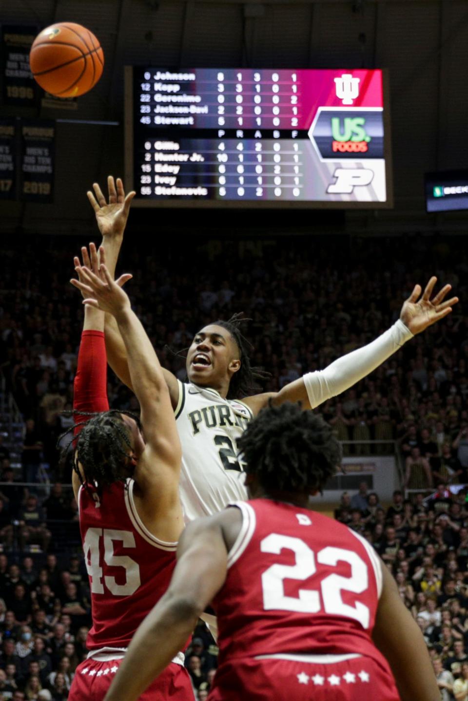 Purdue guard Jaden Ivey (23) goes up for a shot above Indiana guard Parker Stewart (45) during the second half of an NCAA men's basketball game, Saturday, March 5, 2022 at Mackey Arena in West Lafayette.