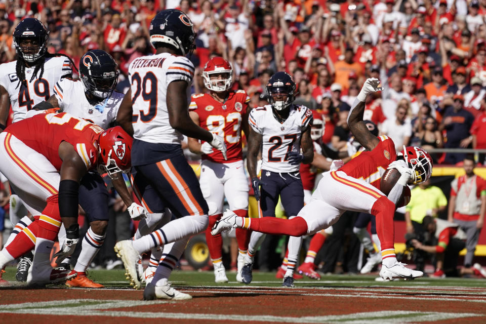 Kansas City Chiefs running back Jerick McKinnon scores during the first half of an NFL football game against the Chicago Bears Sunday, Sept. 24, 2023, in Kansas City, Mo. (AP Photo/Ed Zurga)