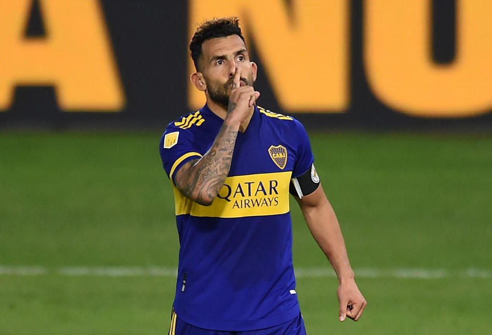 Boca Juniors' Carlos Tevez gestures during the penalty shoot-out after tying 1-1 in their Argentine Professional Football League quarter-final match against River Plate at La Bombonera stadium in Buenos Aires, on May 16, 2021. (Photo by Marcelo Endelli / POOL / AFP) (Photo by MARCELO ENDELLI/POOL/AFP via Getty Images)