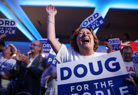 A supporter of Progressive Conservative (PC) leader Doug Ford reacts during his election night party following the provincial election in Toronto, Ontario, Canada, June 7, 2018. REUTERS/Carlo Allegri