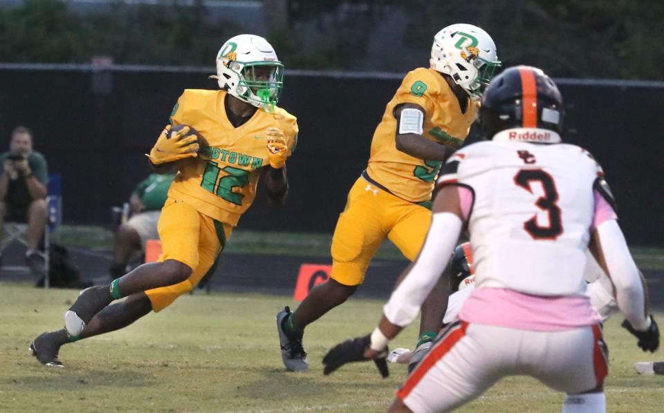 DeLand High's Marceles Carey #12 turns up field against Spruce Creek High, Friday September 29, 2023 in Port Orange.