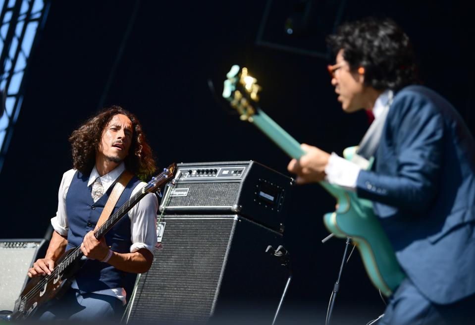 LOS ANGELES, CA - JULY 23: Bardo Martinez (L) and  Eduardo Arenas of Chicano Batman perform onstage on day 3 of FYF Fest 2017 at Exposition Park on July 23, 2017 in Los Angeles, California.  (Photo by Emma McIntyre/Getty Images for FYF)