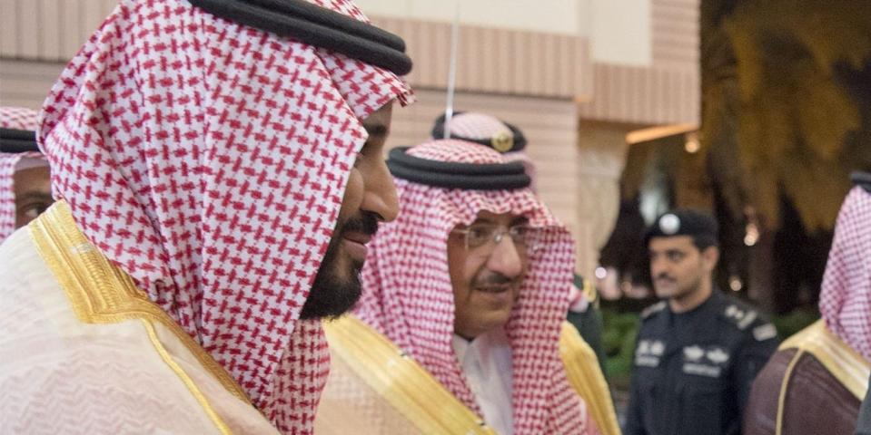 RIYADH, SAUDI ARABIA - OCTOBER 23: Venezuelan President Nicolas Maduro (R) meets Deputy crown prince of Saudi Arabia and Defense minister Mohammad bin Salman Al Saud (L) and Crown Prince, First Deputy Prime Minister and the Minister of Interior of Saudi Arabia Muhammad bin Nayef (C) at Al-Yamama palace in Riyadh, Saudi Arabia on October 23, 2016. (Photo by Pool / Bandar Algaloud/Anadolu Agency/Getty Images)