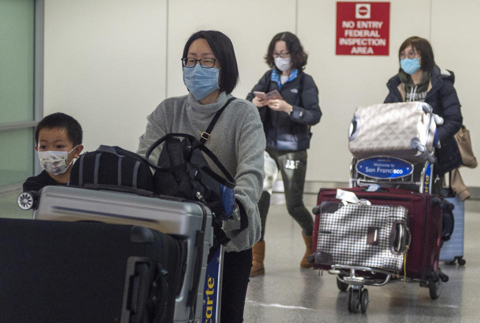 Airline passengers wearing face masks 