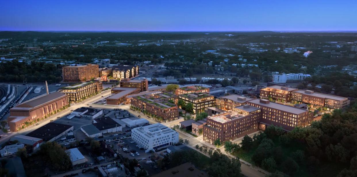 A conceptual rendering shows several future developments in the Nashville neighborhood of Wedgewood-Houston. Transformation in the area has been spearheaded by AJ Capital Partners, a Nashville-based real estate development firm.