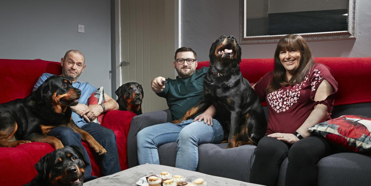 tom, julie and shaun malone sit on the sofa with their dogs in a gogglebox promo photo