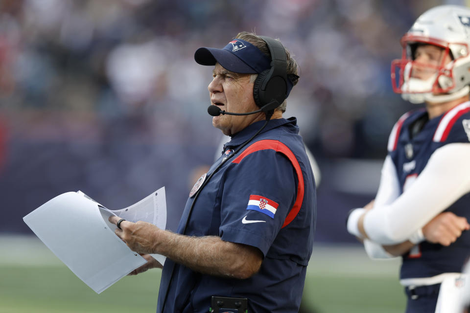 New England Patriots head coach Bill Belichick watches from the sidelines in the second half of an NFL football game against the Washington Commanders, Sunday, Nov. 5, 2023, in Foxborough, Mass. (AP Photo/Michael Dwyer)