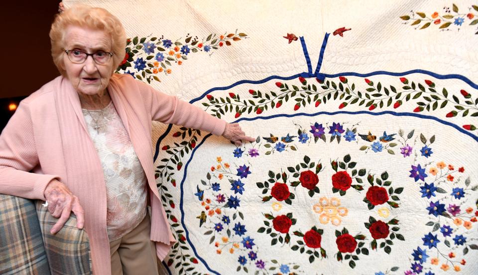 Margaret Cash talks about her award-winning quilt as Canton Quilters Guild celebrates its 25th anniversary. It took her a year to make. Thursday, April 28, 2022.