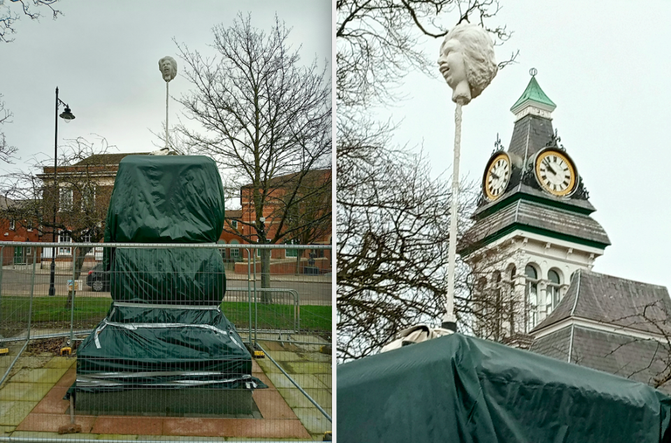 The sculpture was discovered atop a plinth reserved for a £300,000 statue of Margaret Thatcher. (SWNS)