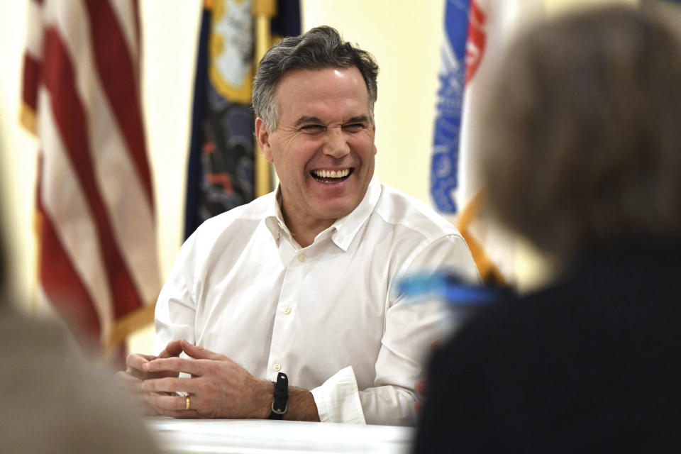 David McCormick, a Republican candidate for U.S. Senate in Pennsylvania, laughs during a discussion with military veterans organized by his campaign at an American Legion hall, Jan. 18, 2024, in Harrisburg, Pa. (AP Photo/Marc Levy)
