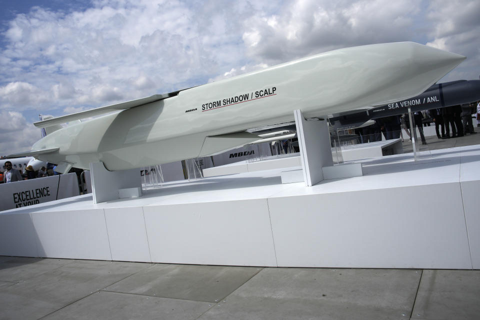 FILE - The Storm Shadow cruise missile is on display during the Paris Air Show in Le Bourget, north of Paris, France, Monday, June 19, 2023. France will deliver deep-strike missiles to Ukraine as part of increased efforts to help with the Ukrainian counteroffensive against Russian forces, President Emmanuel Macron said Tuesday July 11, 2023 at the NATO summit in Vilnius. France has been weighing whether to send Scalp missiles, the equivalent of the British Storm Shadow missiles, to Ukraine. (AP Photo/Lewis Joly, File)