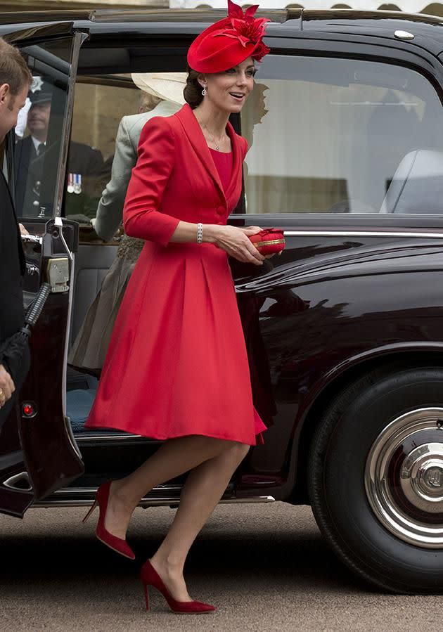 The Duchess was all smiles when she arrived at Windsor Castle for the Garter service.