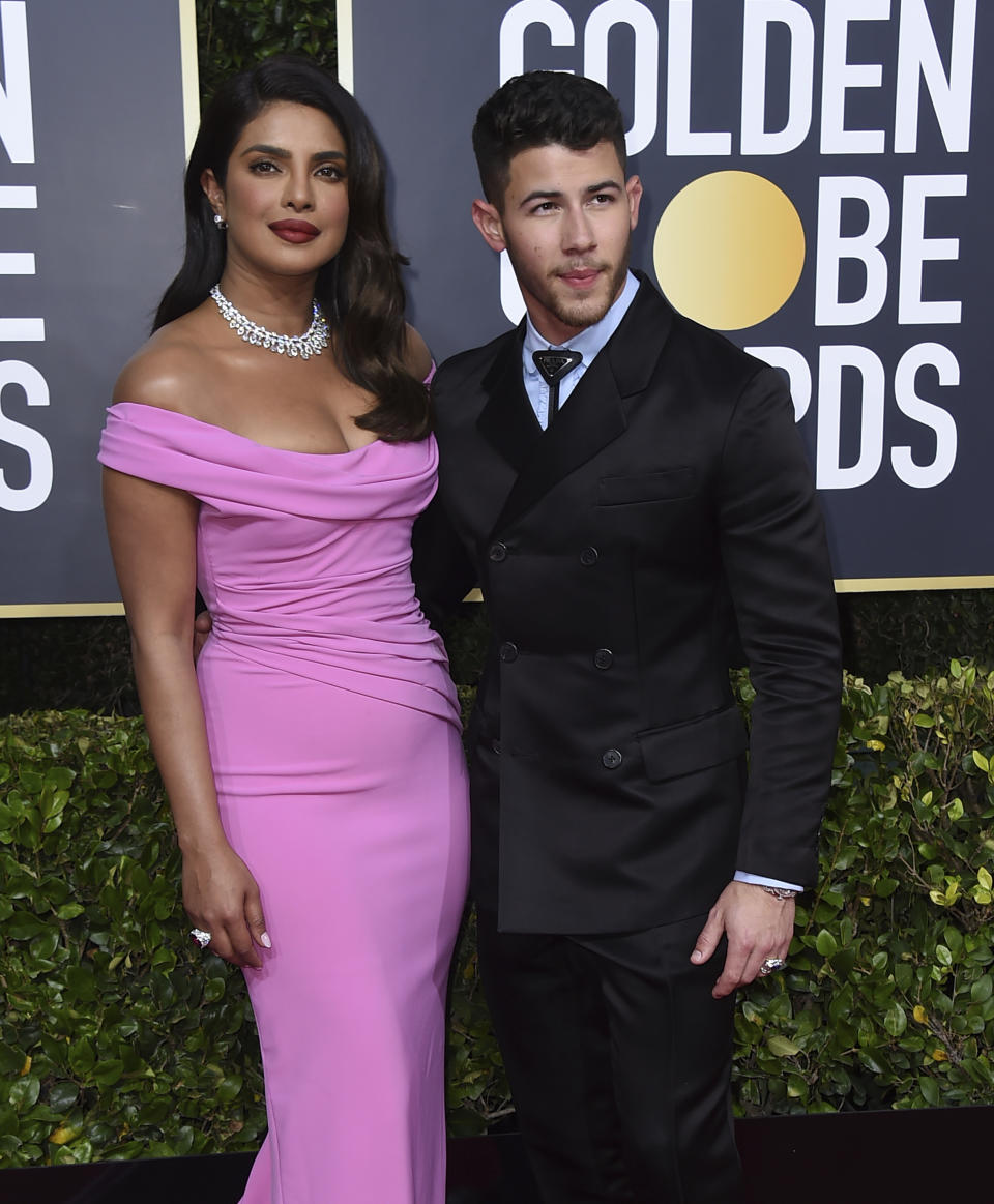 Priyanka Chopra, left, and Nick Jonas arrive at the 77th annual Golden Globe Awards at the Beverly Hilton Hotel on Sunday, Jan. 5, 2020, in Beverly Hills, Calif. (Photo by Jordan Strauss/Invision/AP)