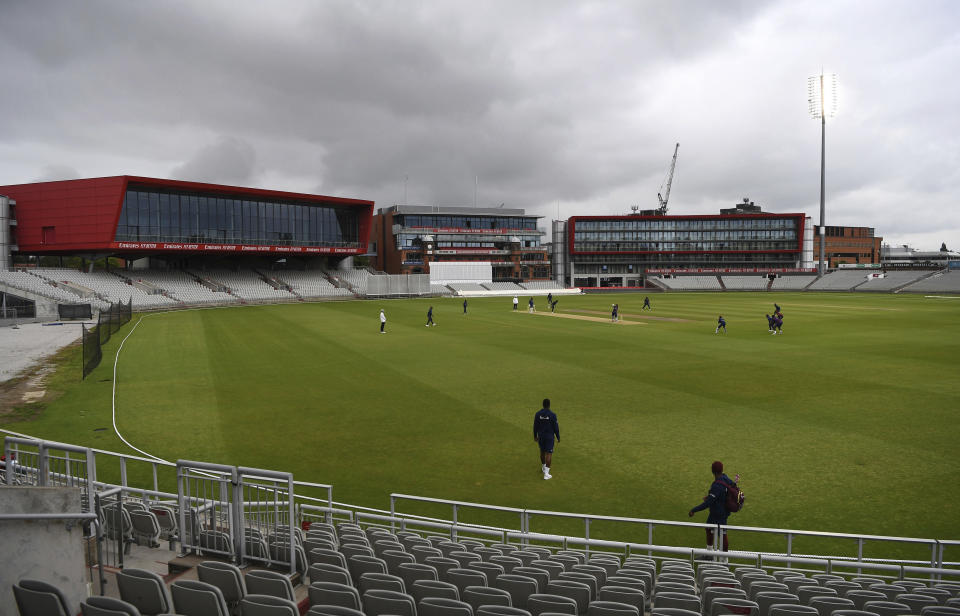 A general view of the field during day three of a West Indies Warm Up match at Old Trafford in Manchester, England, Wednesday July 1, 2020. England are scheduled to play West Indies in their first international Test match on July 8-12. (Gareth Copley/Agency Pool via AP)
