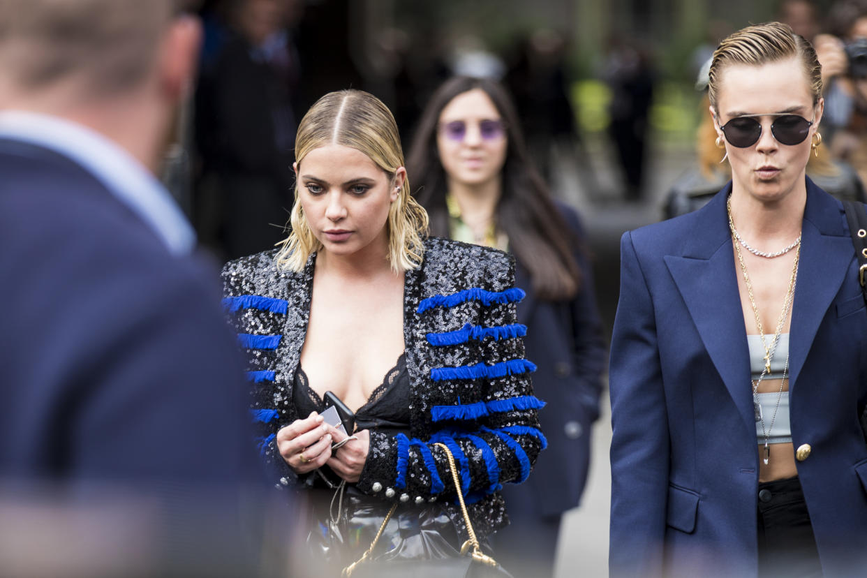 PARIS, FRANCE - SEPTEMBER 28:  Ashley Benson and Cara Delevingne are seen after the Balmain show on September 28, 2018 in Paris, France. (Photo by Claudio Lavenia/Getty Images)