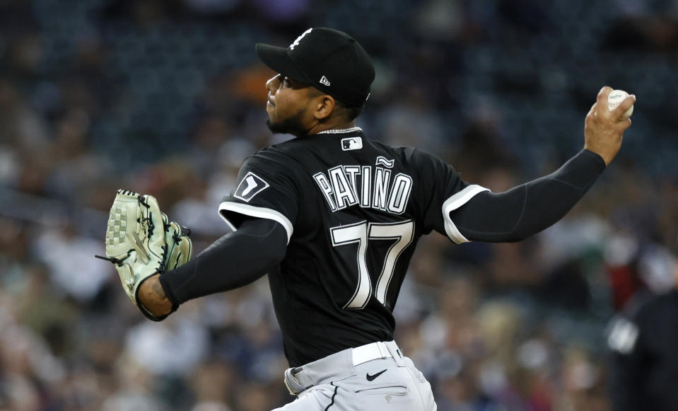 Chicago White Sox's Luis Patino (77) pitches to a Detroit Tigers batter during the sixth inning of a baseball game Saturday, Sept. 9, 2023, in Detroit. (AP Photo/Duane Burleson)