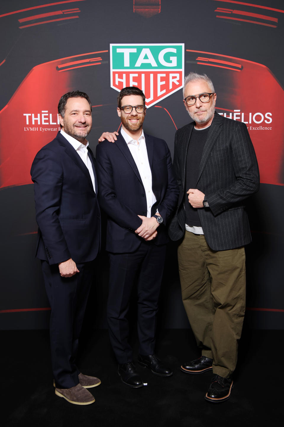 MILAN, ITALY - FEBRUARY 01: Ceo Tag Heuer Julien Tornare, Ceo Thelios Alessandro Zanardo and Tag Heuer creative director eyewear Renato Montagner  attends the TAG HEUER Eyewear Launch with Thélios at Pirelli Tower on February 01, 2024 in Milan, Italy. (Photo by Daniele Venturelli/Getty Images for Thelios)