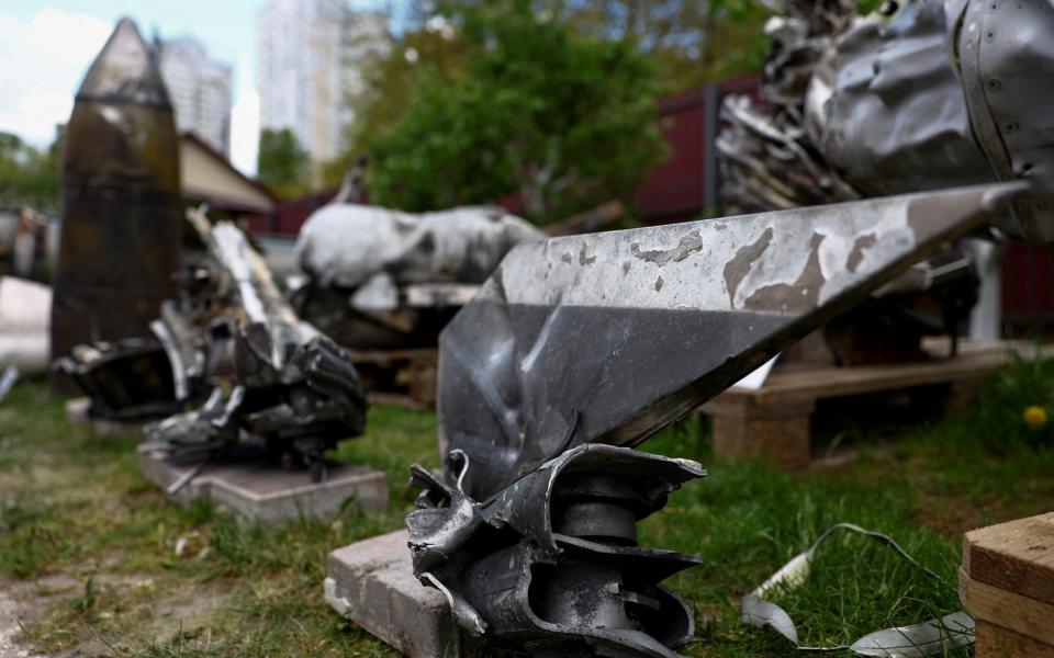 Parts of a Kh-47 Kinzhal Russian hypersonic missile, shot down by a Ukrainian Air Defence unit amid Russia's attack on Ukraine, are seen at a compound of the Scientific Research Institute in Kyiv - VALENTYN OGIRENKO/REUTERS