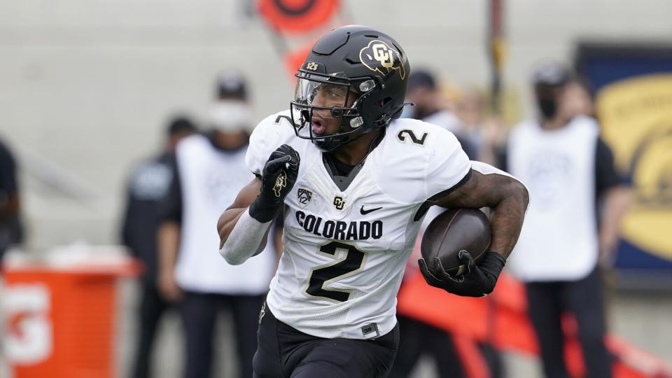 Colorado' Brenden Rice against California during of an NCAA college football game.