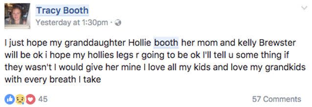 Kelly's niece reportedly broke both her legs while her sister broke her jaw. Source: Facebook