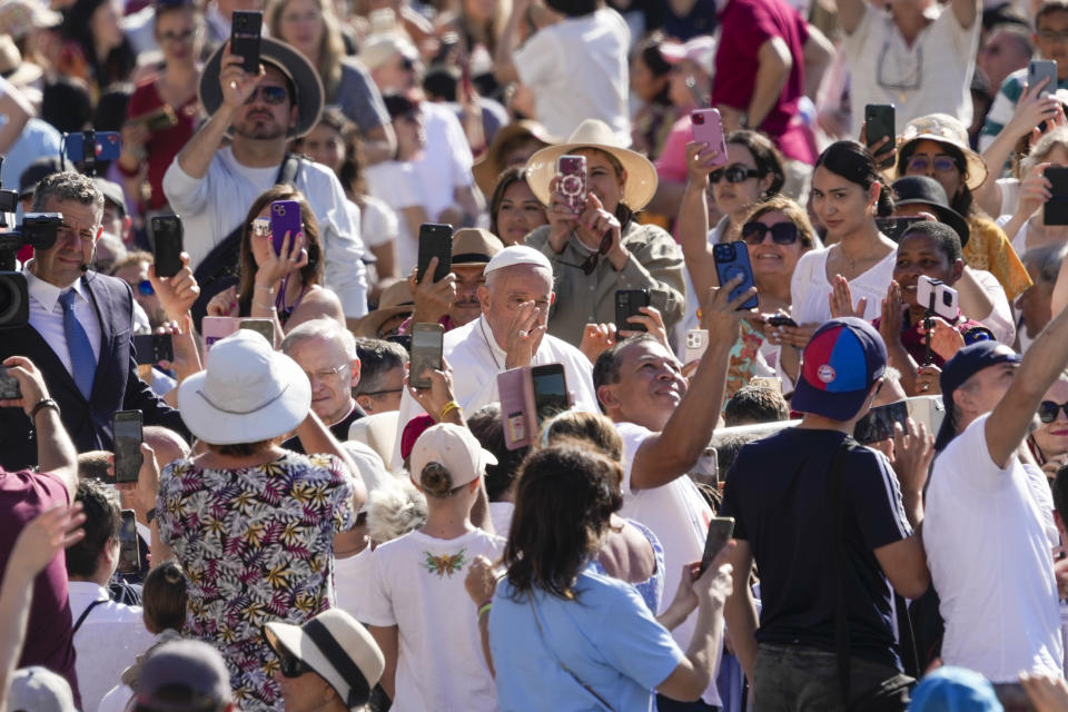 Pope Francis arrives for his weekly general audience in the St. Peter's Square at the Vatican, Wednesday, June 26, 2024. (AP Photo/Andrew Medichini)