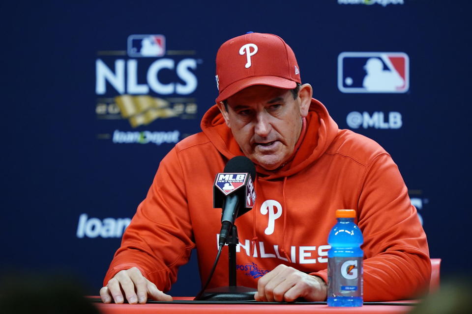 FILE - Philadelphia Phillies manager Rob Thomson speaks during a news conference ahead of Game 3 of baseball's NL Championship Series against the San Diego Padres, Friday, Oct. 21, 2022, in Philadelphia. Rob Thomson enjoyed the spoils of an offseason spent as the manager of the NL champions. But the Philadelphia Phillies are ready for work. (AP Photo/Matt Rourke, File)
