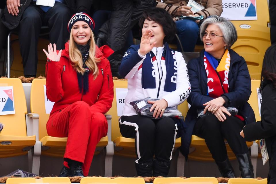 <p>Ivanka Trump (L) waves with wife of Korean President Moon Jae-in, Kim Jung-sook (C) and Korean foreign minister Kang Kyung-wha (R) watching the final of the men’s snowboard big air event at the Alpensia Ski Jumping Centre during the Pyeongchang 2018 Winter Olympic Games on February 24, 2018 in Pyeongchang. / AFP PHOTO / Jonathan NACKSTRAND </p>