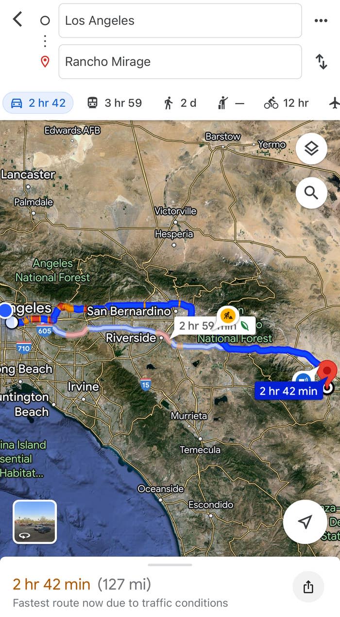 Map showing a route from Los Angeles to Rancho Mirage with traffic indicated