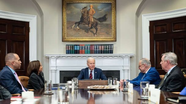 PHOTO: President Joe Biden speaks as he hosts Democratic Congressional leaders in the Roosevelt Room of the White House in Washington, DC, on Jan. 24, 2023. (Andrew Caballero-Reynolds/AFP via Getty Images)