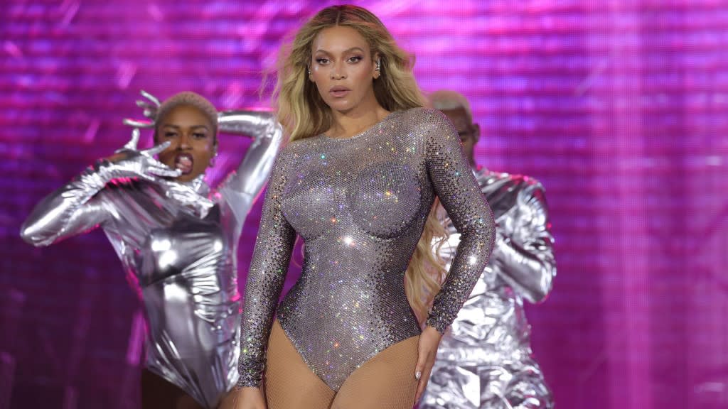  Beyonce performing during the Renaissance Tour in silver. 