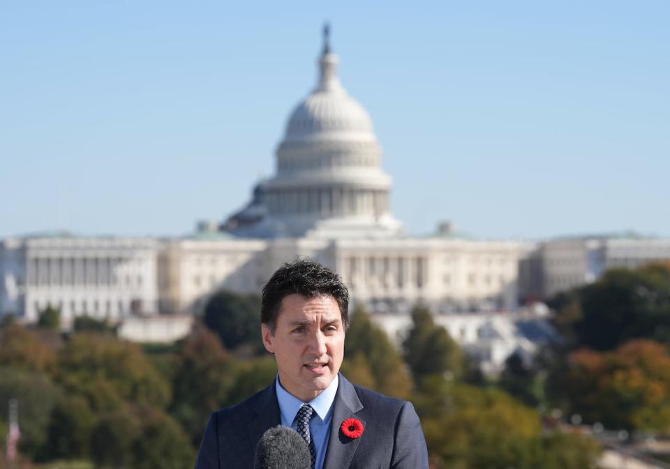 Prime Minister Justin Trudeau holds a media availability at the Embassy of Canada after the inaugural Americas Partnership for Economic Prosperity summit in Washington on Friday, Nov. 3, 2023.