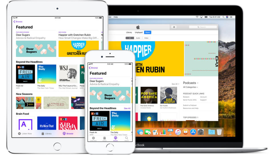 The Apple Podcast app on iPad, iPhone, and Macbook.