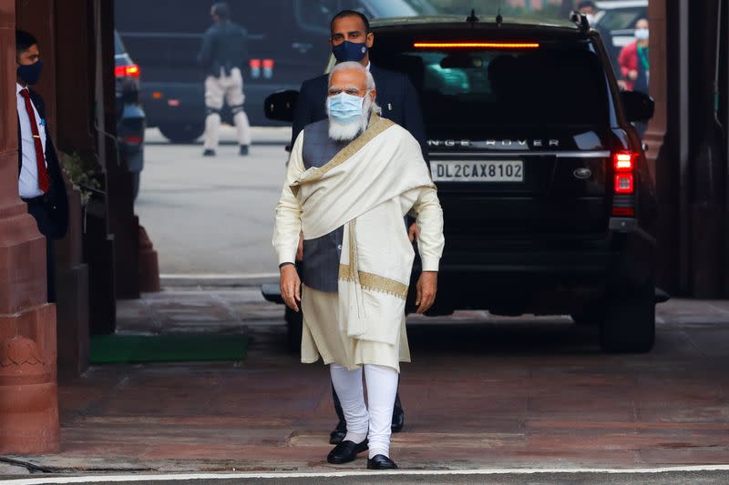 FILE PHOTO: India's Prime Minister Narendra Modi arrives at the parliament house to attend the first day of the budget session, in New Delhi