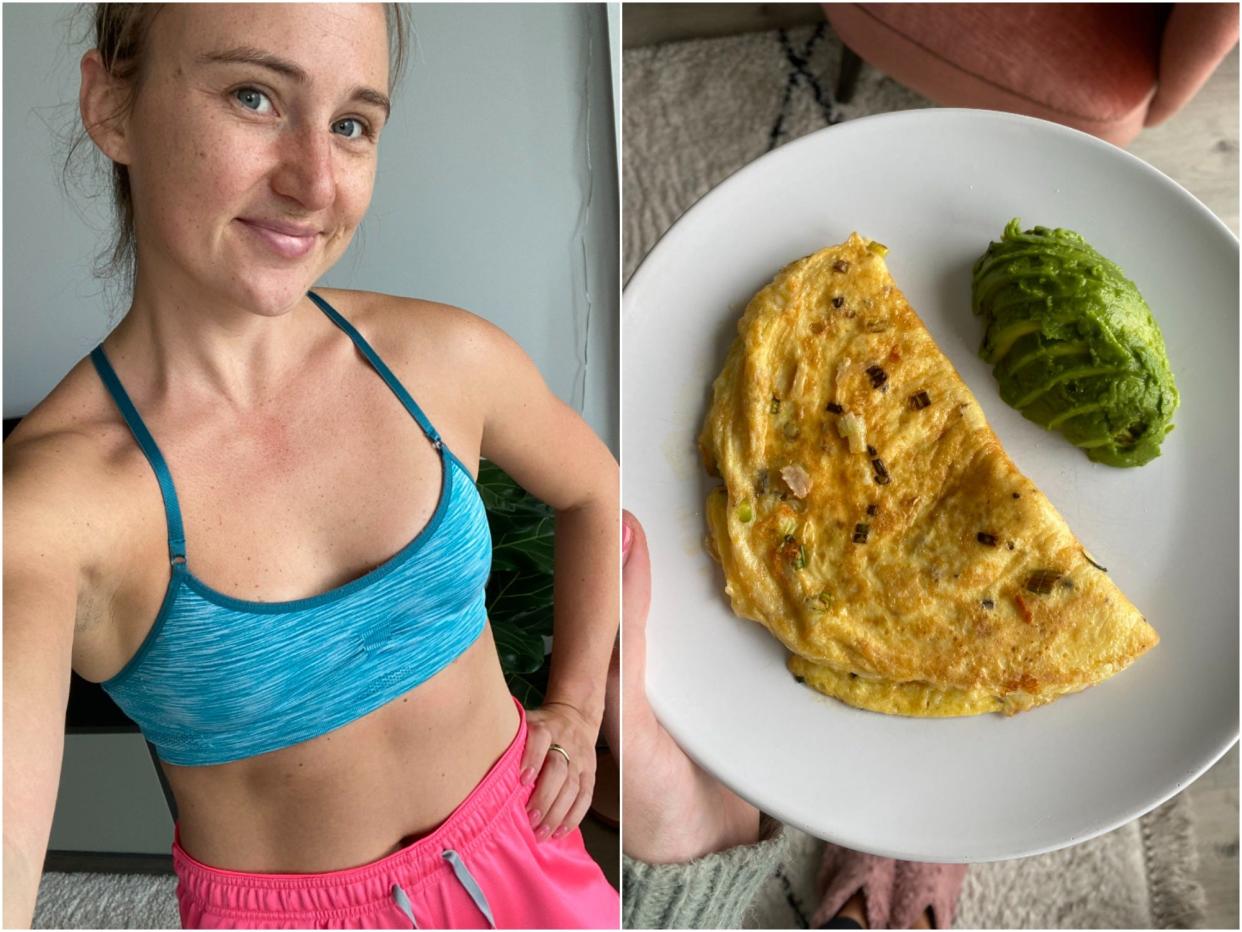Rachel Hosie and a plate of cheesy omelette and avocado.