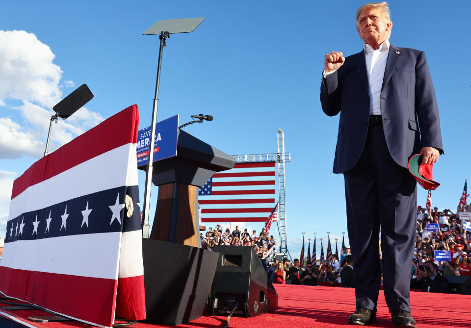 Former President Donald Trump arrives at a campaign rally on Oct. 9 in Mesa, Ariz.