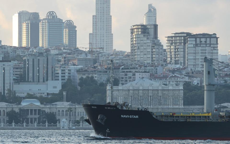  ISTANBUL, TURKIYE - AUGUST 07: A view of ship Navi-Star carrying 33,000 tons of corn from Ukraine to Ireland as it is passes through the Bosphorus on August 07, 2022 in Istanbul, Turkiye. - Anadolu Agency