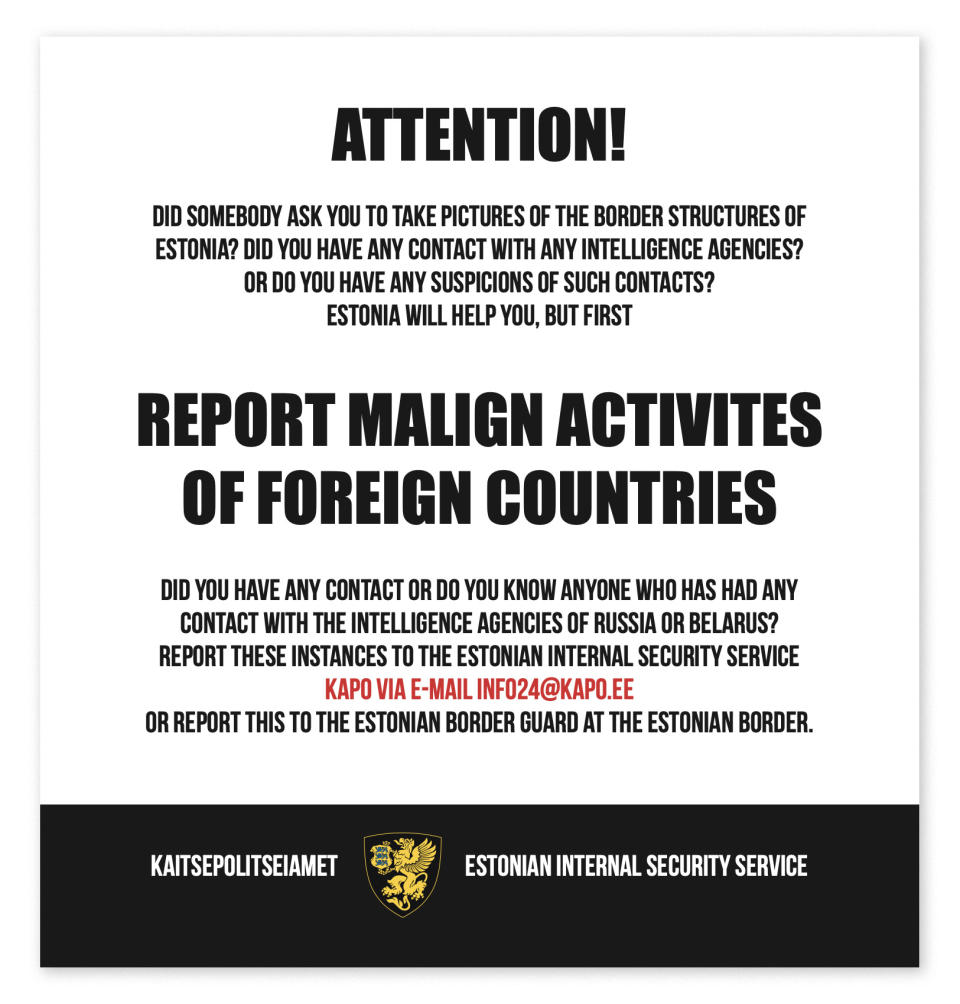 Image: A poster asking for information from Estonian civilians if they have had contact with intelligence agencies in Russia or Belarus. (Estonian Intelligence)