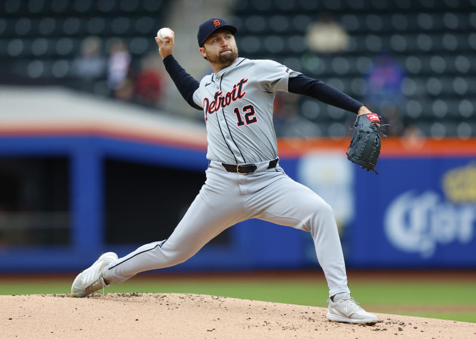 Detroit Tigers starting pitcher Casey Mize (12) throws against the New York Mets during the first inning of the first game of a baseball doubleheader, Thursday, April 4, 2024, in New York. (AP Photo/Noah K. Murray)