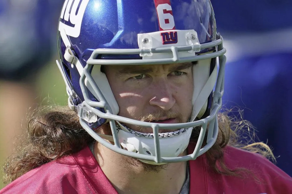 New York Giants punter Jamie Gillan (6) attends a practice session at Hanbury Manor in Ware, England, Friday, Oct. 7, 2022 ahead the NFL game against Green Bay Packers at the Tottenham Hotspur stadium on Sunday. (AP Photo/Kin Cheung)