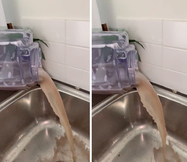 Video stills of purple container emptying brown water into laundry sink