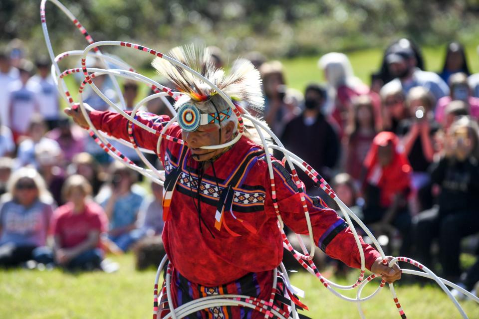 Lyndon Alec performs a dance during the Native American Festival at Moundville Archaeological Park on Friday, Oct. 14, 2022.