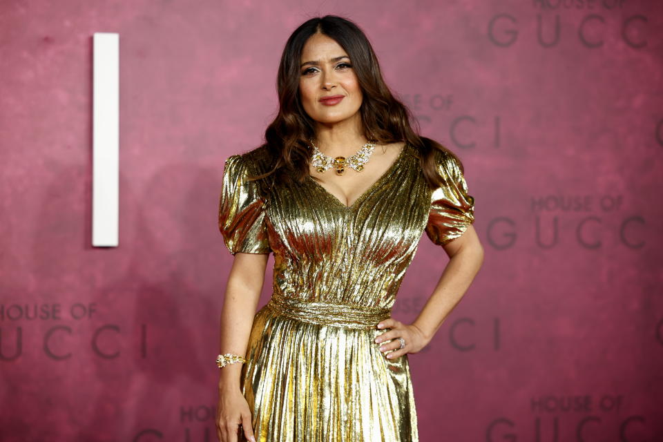 Cast member Salma Hayek arrives at the UK Premiere of the film 'House of Gucci' at Leicester Square in London, Britain, November 9, 2021. REUTERS/Henry Nicholls