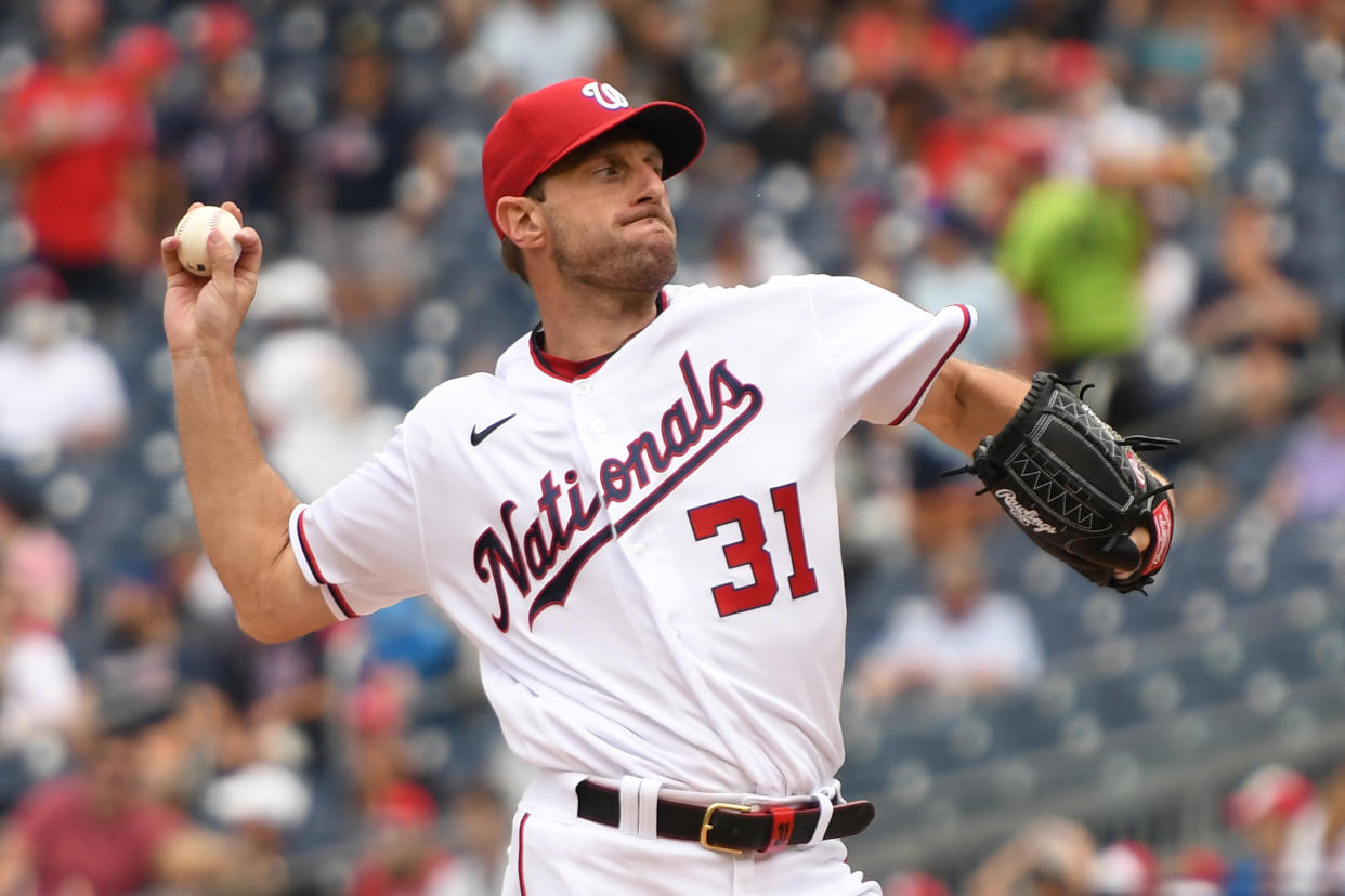 WASHINGTON, DC - JULY 18:  Max Scherzer #31 of the Washington Nationals pitches during a baseball game against the San Diego Padres at Nationals Park on July 18, 2021 in Washington, DC.  (Photo by Mitchell Layton/Getty Images)