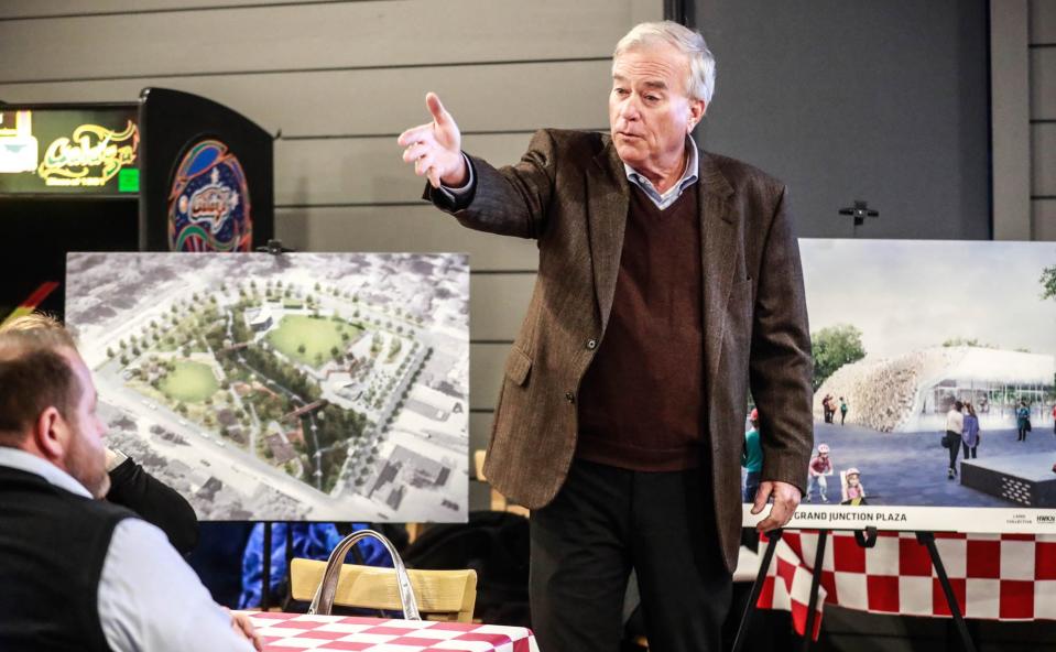 Mayor Andy Cook outlines the thirty five million dollar Grand Junction Plaza during a information meeting held at Greeks Pizzeria in Westfield, on Monday, March 4, 2019. Concerned citizens and supporters of the project were in attendance to ask questions and discuss the proposed plan. 