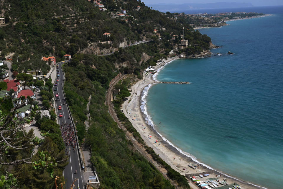 ALASSIO ITALY  JULY 06 A general view of the peloton passing through a landscape during the 34th Giro dItalia Donne 2023 Stage 7 a 1091km stage from Albenga to Alassio  Santuario della Guardia 551m  UCIWWT  on July 06 2023 in Alassio Italy Photo by Dario BelingheriGetty Images