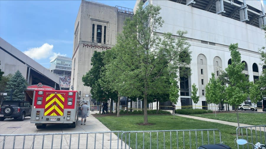 First responders on the scene of Ohio State University after a person fell from the stands of Ohio Stadium during commencement exercises. The person was pronounced dead. (NBC4)
