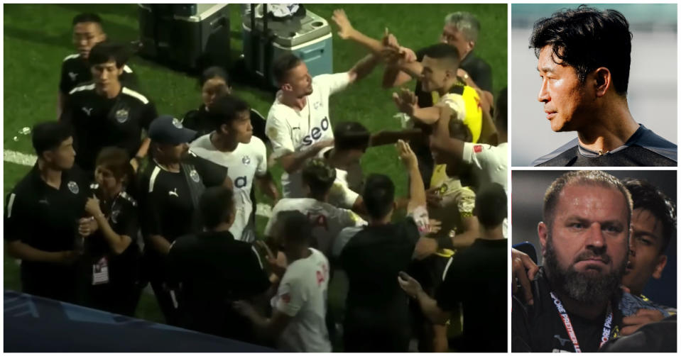 Lion City Sailors head coach Kim Do-hoon (top right) and Tampines Rovers assistant coach Mustafic Fahrudin (bottom right) were fined and banned for three matches for violent conduct amid scuffles during the sides' SPL match on 24 July 2022. (PHOTO/SCREENSHOTS: Lion City Sailors/YouTube)