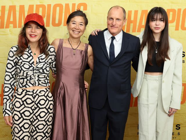 <p>Dimitrios Kambouris/Getty</p> Laura Louie, Woody Harrelson, and their kids attend the premiere of "Champions" at AMC Lincoln Square Theater on February 27, 2023 in New York City.