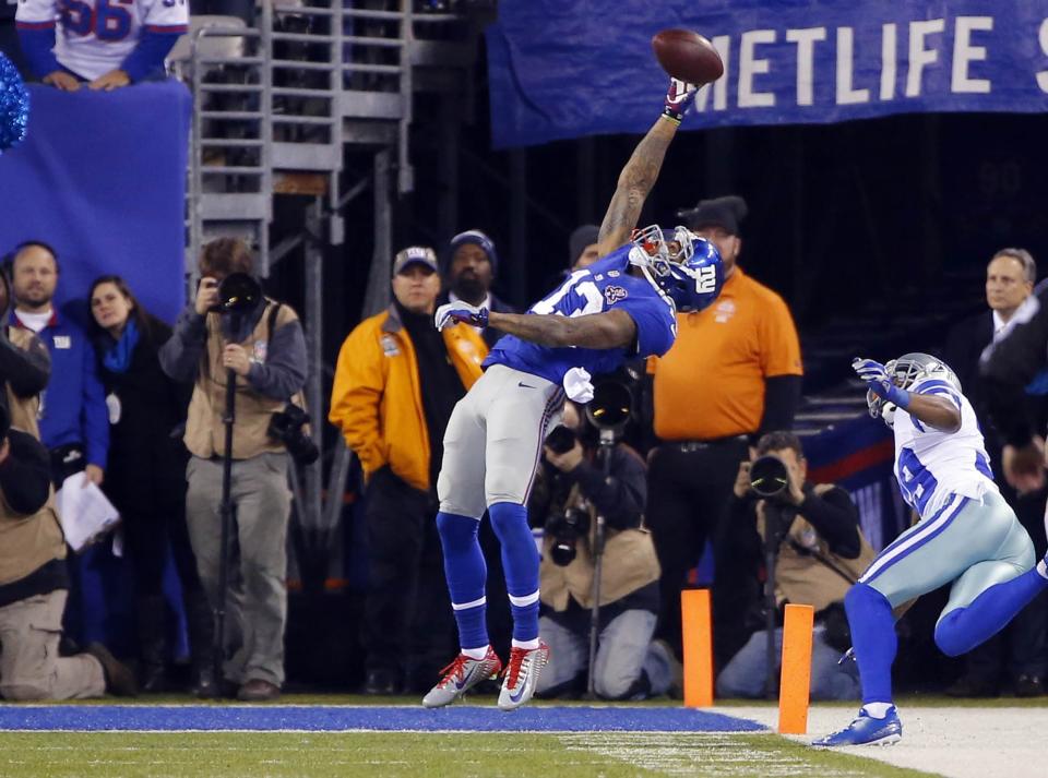 Nov 23, 2014 file photo, New York Giants wide receiver Odell Beckham (13) pulls in touchdown pass against the Dallas Cowboys during the first half at MetLife Stadium. Mandatory Credit: Jim O'Connor-USA /files TODAY Sports (TPX IMAGES OF THE DAY SPORT)