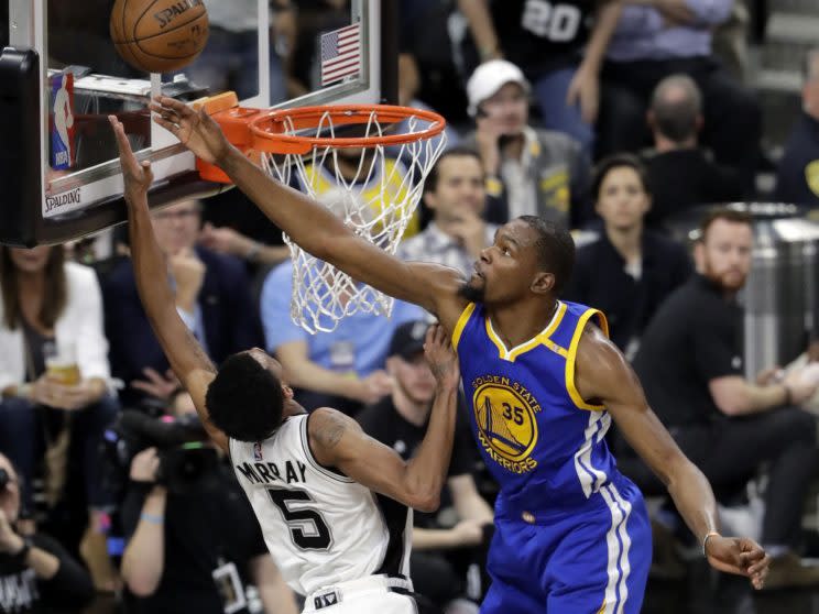 Kevin Durant pulled off one of the best blocks you’ll ever see against the Spurs. (AP)